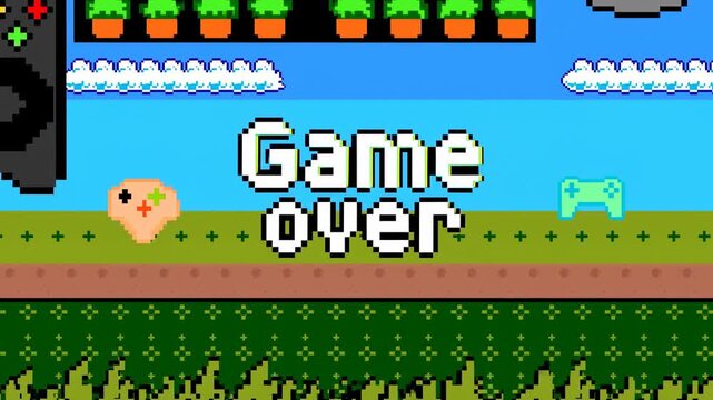 Pixel art game over screen game over text appearing. Gaming production, arcade game content, and retro entertainment projects.