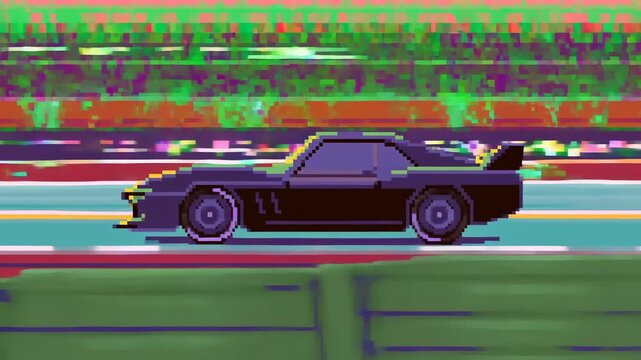 Pixel art racing car drives along a colorful racetrack with digital glitch distortion. Arcade racing game promotion, retro gaming content, and motorsport entertainment.