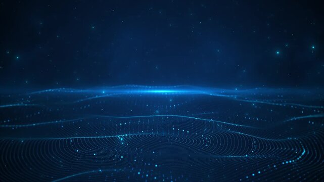 Blue particles and grid lines form fluid digital landscape dark background. big data, cloud computing, network technology, artificial intelligence, analytics, science, finance corporate presentations.