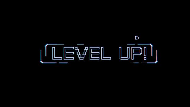 Glitching level up message with animated gaming interface accents on a black background. Game intros, gaming achievement graphics, and esports content.