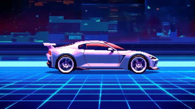 Futuristic sports car moves across a glowing digital grid in a neon environment. Automotive technology promotion, future mobility presentations, and vehicle design projects.