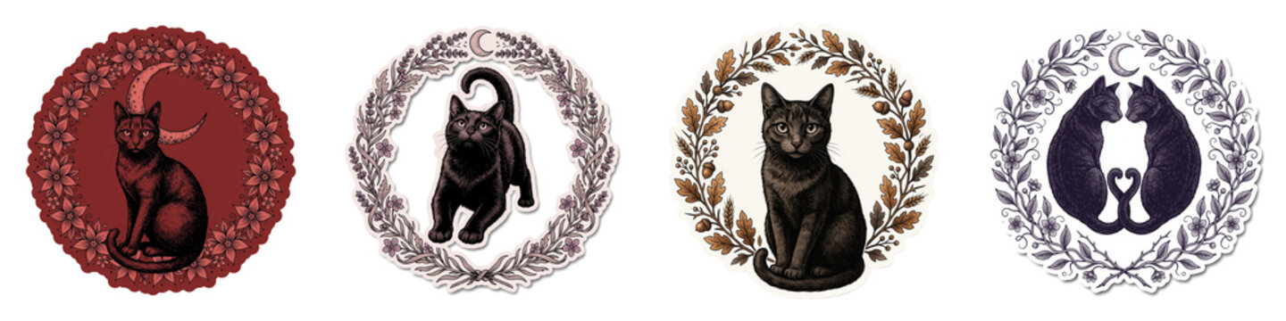 Dark gothic black cat with floral Halloween frame
