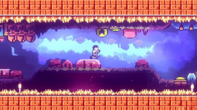 Pixel platform game character traverses glowing platforms in an underground fantasy cavern. Game promotion, gameplay demonstration, and indie game trailer.