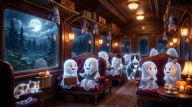 Cute ghost in haunted train for traveling, halloween design