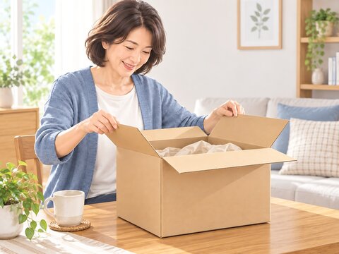 自宅で届いた段ボール箱を開封する中年女性の宅配荷物受け取りシーン