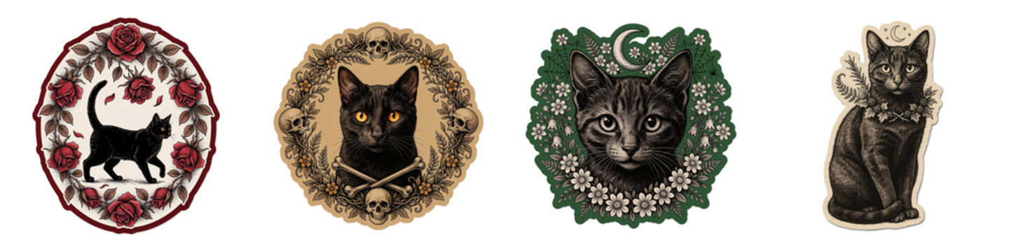 Black cat gothic Halloween illustration with floral wreath