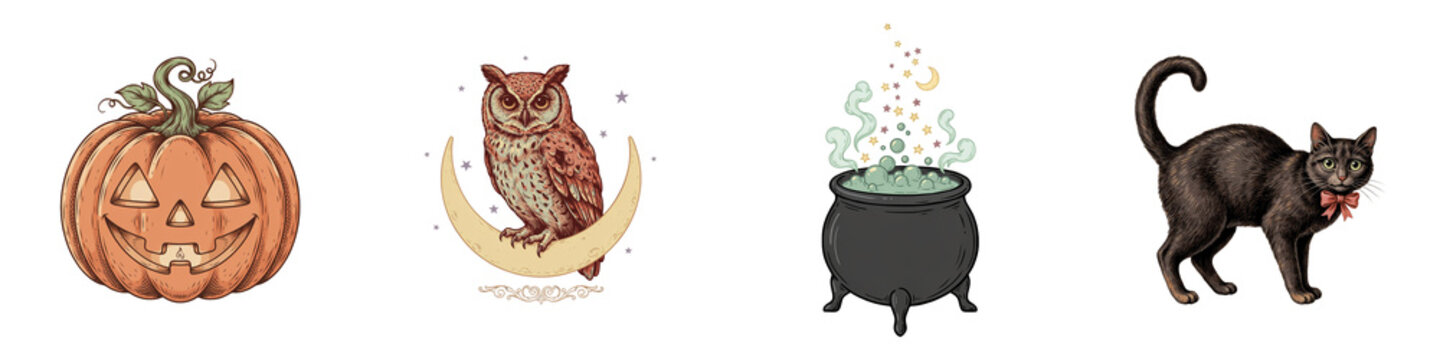 Vintage Halloween set with pumpkin, owl, cauldron and black cat