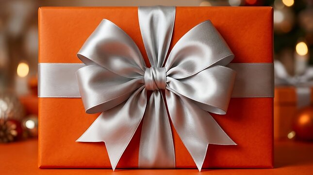 A rectangular orange gift box wrapped with a shiny silver satin ribbon bow