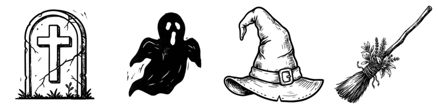 Spooky cemetery line art with ghost and raven icons