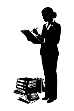 Businesswoman reviewing documents with stacks of files