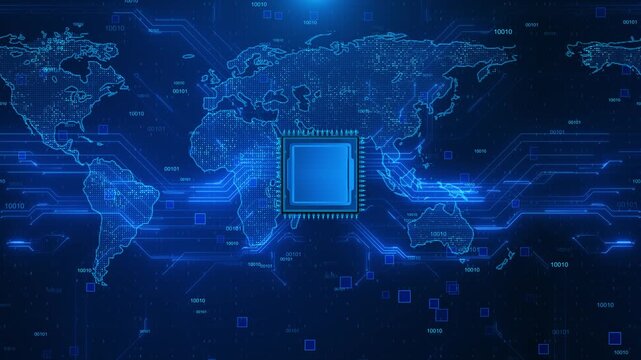 Luminous processor chip connects world map blue circuit pathways binary codes. global computing, semiconductor 19, artificial intelligence, network cloud infrastructure digital transformation.