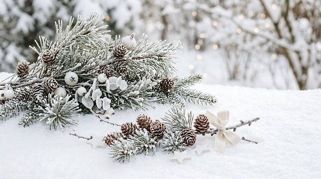 Festive winter pine branches with pinecones and small white ornaments lying on a snow covered surface outdoors