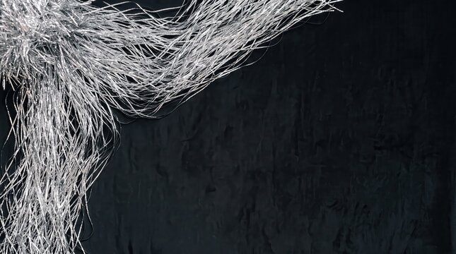 Silver tinsel streamers arranged on a dark background for a celebration. Festive unboxing kit accessories create a luxury party atmosphere.