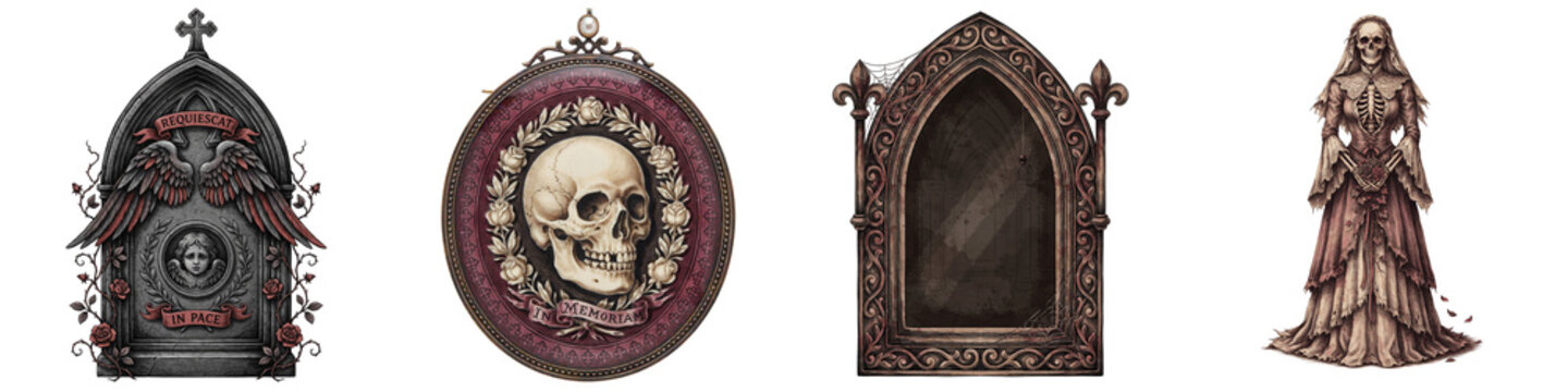 Victorian memorial set with skull portrait, tombstone and bride