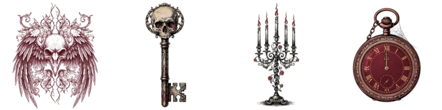 Gothic Halloween objects with skull key, candles and pocket watch