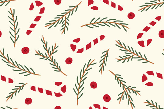 seamless winter, christmas pattern with fir twigs and candy canes; great for wrapping paper, greeting cards, gift tags, wallpaper and textiles- vector illustration