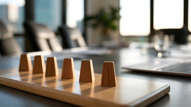 Six wooden pegs arranged in a row on a wooden board  placed on a modern office table with blurred chairs and in background