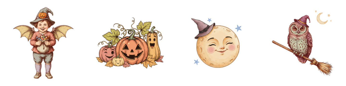 Cute vintage Halloween characters with pumpkins, moon and owl