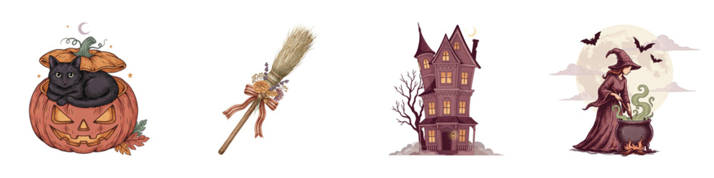 Vintage Halloween set with black cat, witch and haunted house