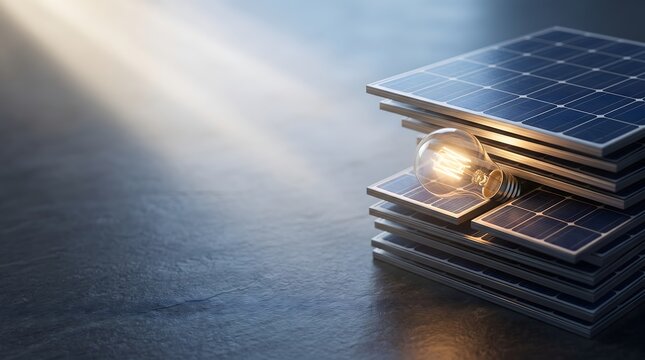 Stack of photovoltaic solar panel cells illuminating a single glowing lightbulb resting on top representing the accumulation of smart energy ideas and renewable power innovation