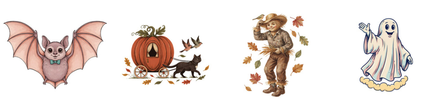 Whimsical Halloween set with bat, pumpkin carriage and ghost