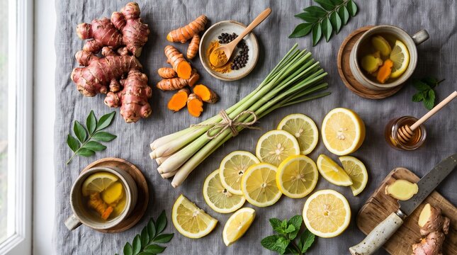 Flat lay of fresh herbal ingredients including ginger, turmeric, lemongrass, and lemon for healthy tea