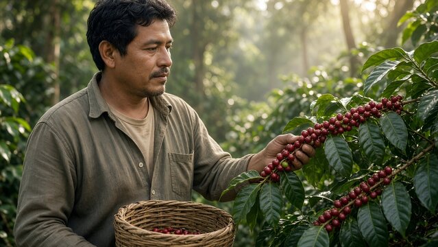 Latino Farmer Harvesting Ripe Coffee Berries in Lush Plantation at Sunrise
