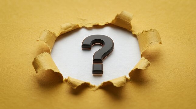 Black question mark symbol appearing through torn yellow paper hole, conceptual mystery and problem solving background, curiosity and FAQ concept