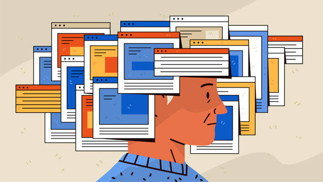 Cognitive overload and browser tabs digital stress screen fatigue concept person overwhelmed by multiple open windows colorful flat background