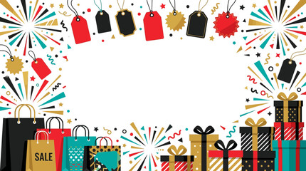 Obraz premium Sale celebration with gift boxes tags and shopping bags border