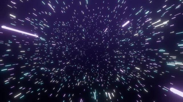 Seamless loop warp speed light streaks purple cyan space tunnel ideal for event intros music video backdrops technology presentations online media social media posts and stage screen visuals