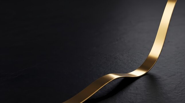 Polished golden ribbon flowing upward like a stock market growth chart on black background with copy space for luxury business concept