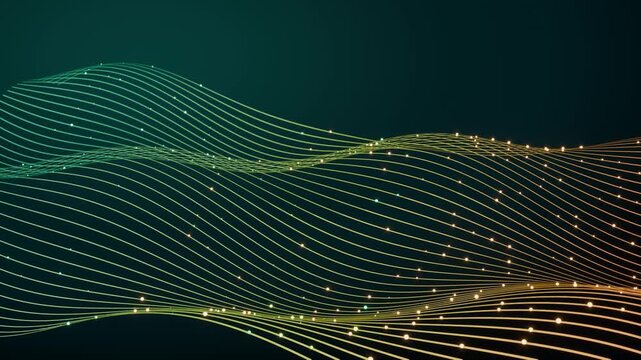 Seamless loop data waves glowing lines particles green orange teal ideal for technology presentations corporate event screens data company websites email promotions and product launch intros