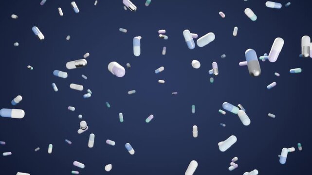 Seamless loop pills capsules falling navy blue background medicine pharmacy ideal for pharmacy advertising healthcare presentations medical websites and vitamin supplement promotions