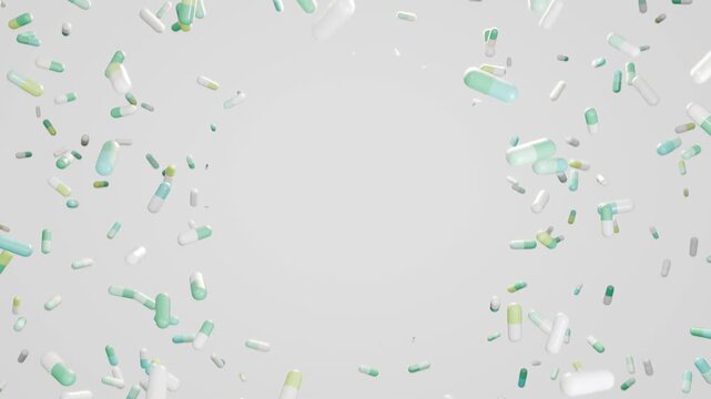 Seamless loop pills capsules falling light grey background green mint ideal for pharmacy advertising healthcare presentations medical websites landing pages and vitamin supplement promotions