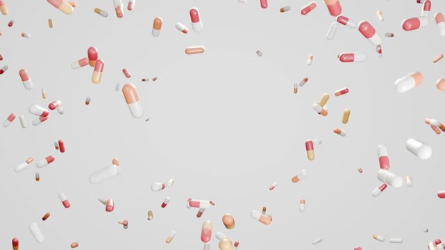 Seamless loop pills capsules falling light grey background red orange ideal for pharmacy advertising healthcare presentations medical websites landing pages and vitamin supplement promotions