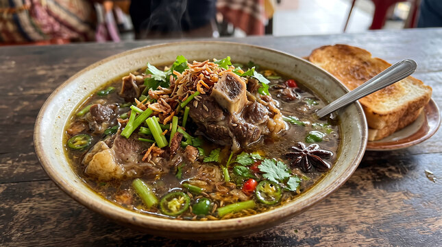 Hyper Realistic 9K Hero Angle Close Up Spiced Mutton Soup Sup Kambing with Herbal Broth Food Photography