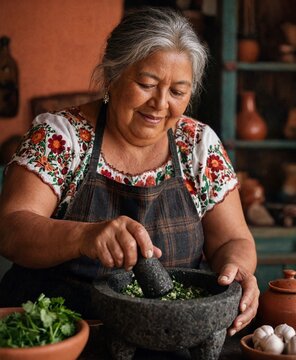 Elder Mexican Grandmother Grinding Fresh Herbs in Volcanic Stone Molcajete in Rustic Kitchen
