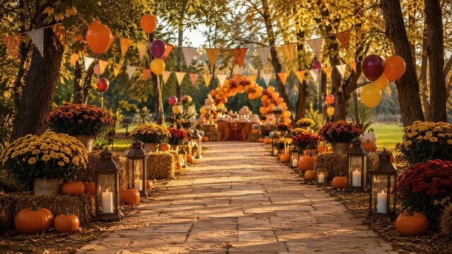 Outdoor autumn birthday party decoration with balloons, bunting flags, pumpkins, lanterns and chrysanthemum flowers along garden path. Cozy fall celebration setup for kids party. Harvest festival
