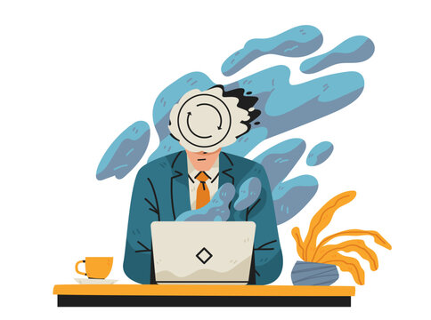 Mental shutdown digital burnout overwhelmed office worker abstract head at laptop blue fluid shapes coffee cup plant modern workspace