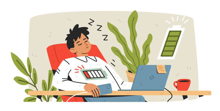 Digital fatigue and depleted energy digital burnout tired office worker sleeping at desk low battery plants laptop coffee flat workspace