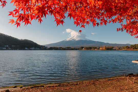 Scenic view of kawaguchiko lake with autumn foliage in japan during autumn season provides peaceful feeling with mountain landscape scenery