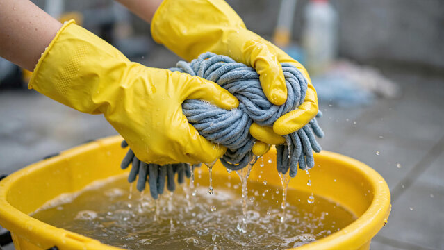 Close up of custodian gloved hands wringing out microfiber mop into yellow bucket