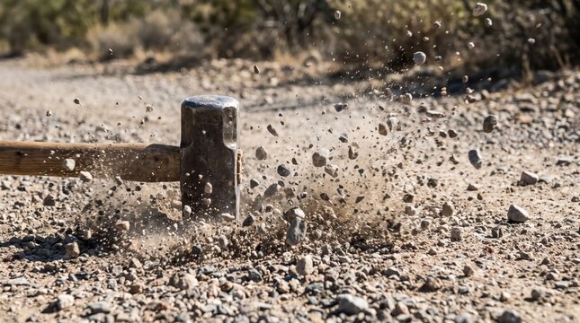 Heavy Hammer Hitting Ground with Dust