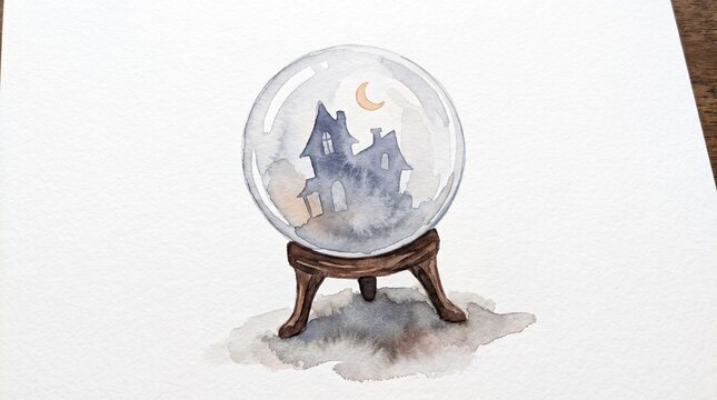 Mysterious watercolor crystal ball with a haunted house, a spooky Halloween fortune teller's sphere, ethereal magic and divination art.
