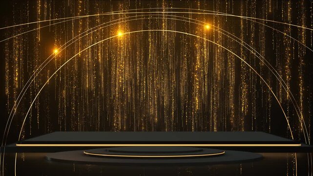 Black podium rests beneath golden light trails golden particles fall scene. luxury product reveals, award ceremonies, jewelry showcases, gala events, fashion launches, festive promos premium branding.