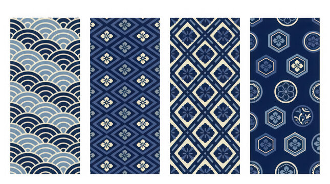 Traditional Japanese Blue White Pattern Designs With Floral Geometric Shapes transparent background