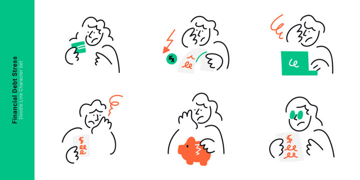 Financial debt and money stress concepts. Doodle line characters worried about credit card debt, unpaid bills, broken piggy bank, and financial crisis.