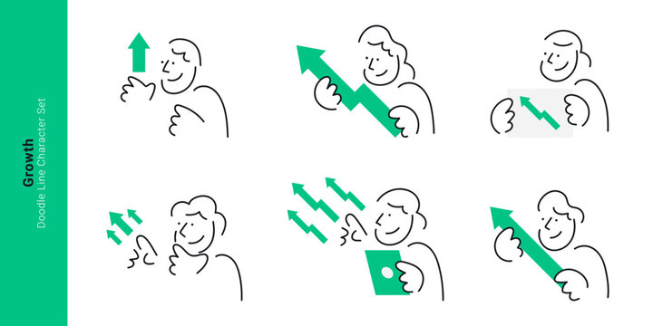 Business growth and progress concepts. Doodle line characters pointing at green arrow up, holding rising chart, and analyzing career development.