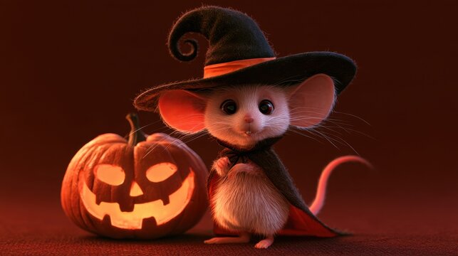 Cute mouse dressed as witch with pointy hat and cape standing beside glowing carved pumpkin with spooky face